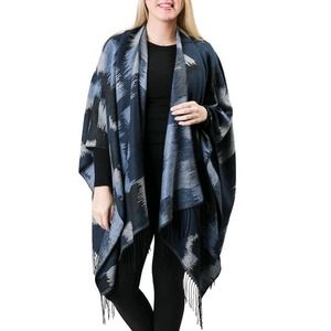 Southwest Print Fringe Wrap Shawl Ruana Dark Blue